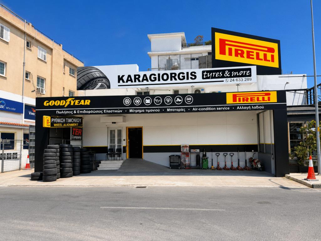 Karagiorgis Tyres & More storefront in Larnaca Cyprus offering tyres, wheel alignment, batteries, air-conditioning service, oil changes and key cutting services